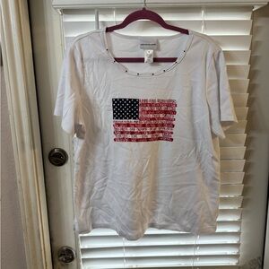 Alfred Dunner White Short Sleeve Tee with Red and Blue Flag Graphic